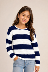 M&S Girls Navy & White Striped Knitted Jumper