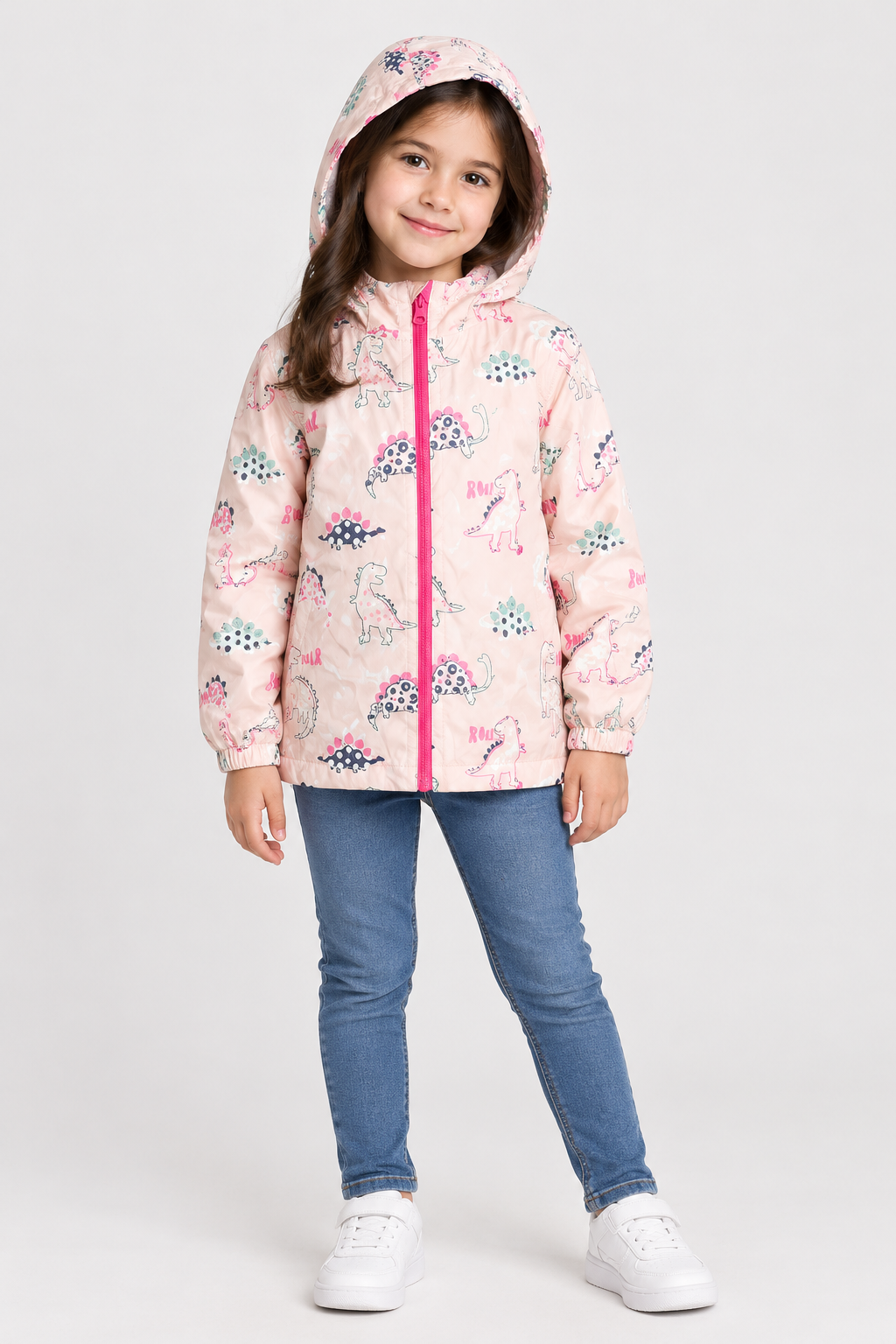  M&S Girls Pink Dinosaur Print Hooded Rain Jacket in UK Size 6–7 Years. Cute, lightweight jacket with hood, zip fastening and elasticated cuffs.