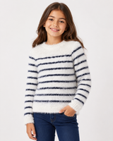 M&S Girls White & Navy Striped Fluffy Knit Jumper