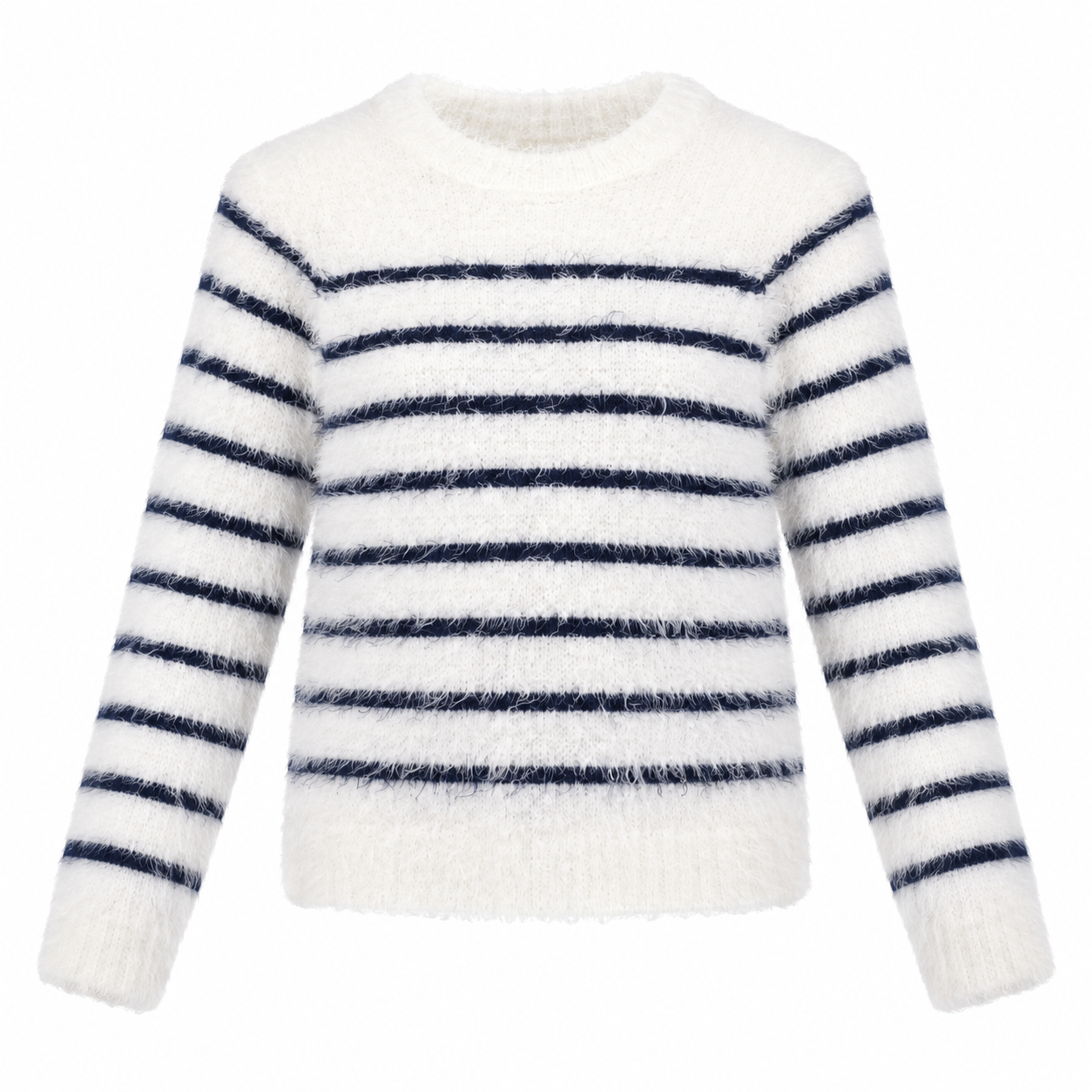  M&S girls’ white and navy striped fluffy knit jumper in UK size 9-10 years. Cosy, stylish and perfect for everyday wear during cooler days.