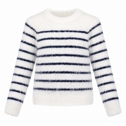  M&S girls’ white and navy striped fluffy knit jumper in UK size 9-10 years. Cosy, stylish and perfect for everyday wear during cooler days.