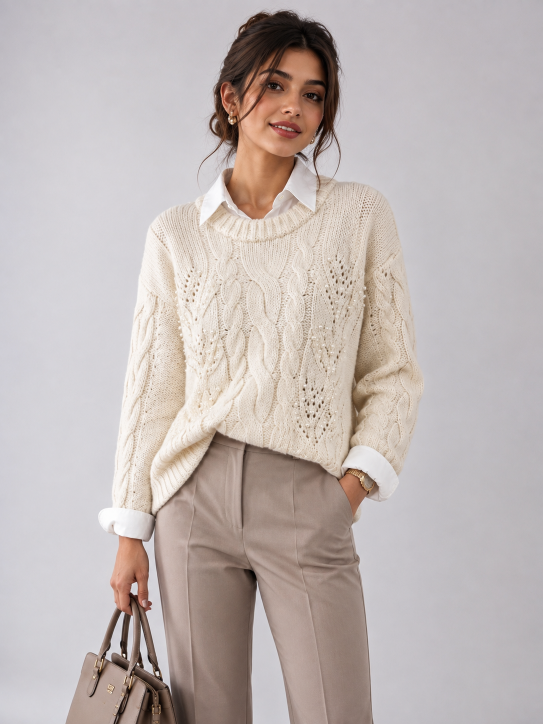 M&S ivory cable knit jumper in UK Size L, featuring intricate knit detailing and pearl-style accents. Perfect for sophisticated autumn and winter outfits.