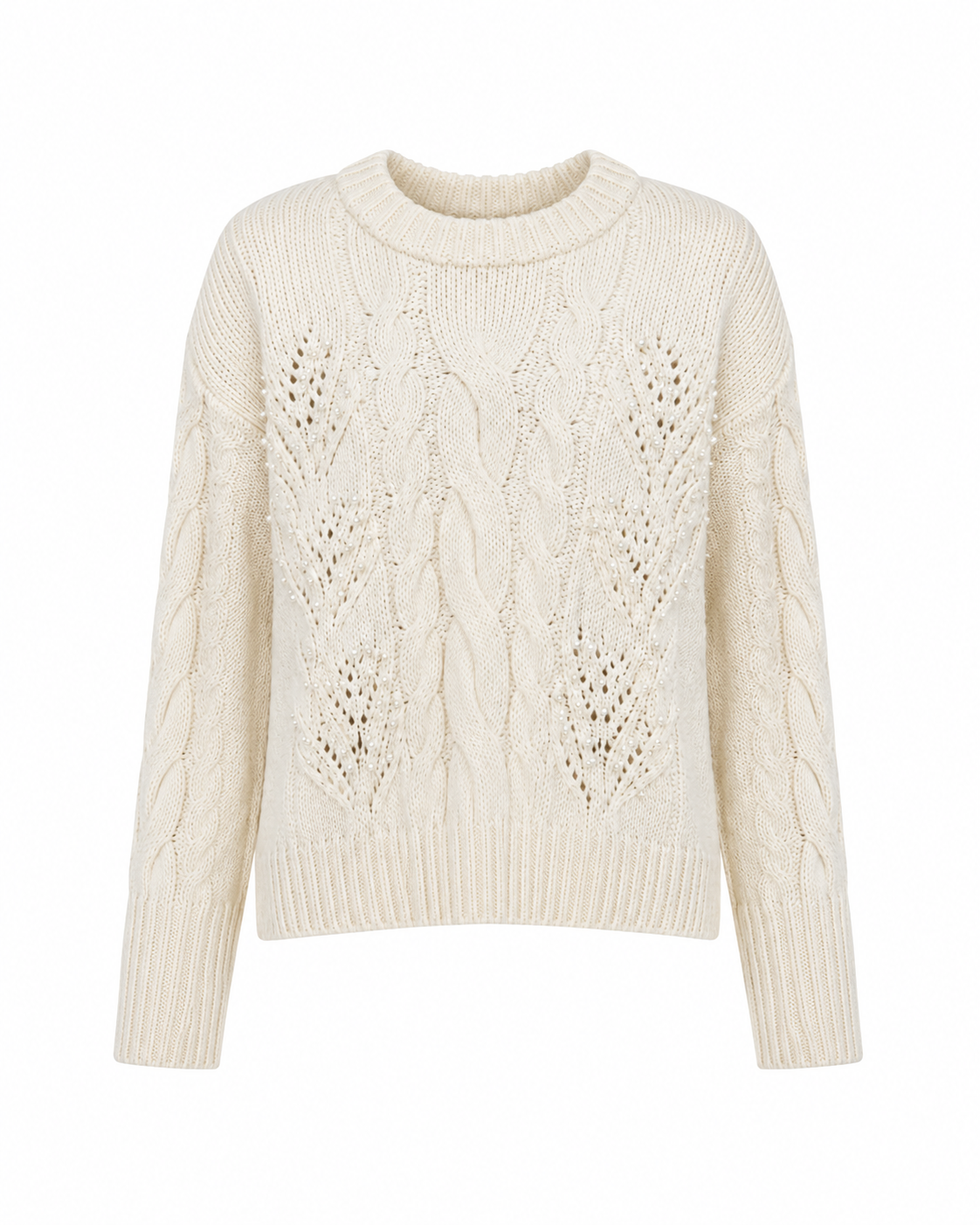 M&S ivory cable knit jumper in UK Size L, featuring intricate knit detailing and pearl-style accents. Perfect for sophisticated autumn and winter outfits.