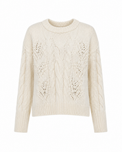 M&S ivory cable knit jumper in UK Size L, featuring intricate knit detailing and pearl-style accents. Perfect for sophisticated autumn and winter outfits.