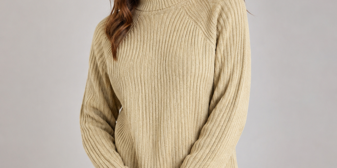 M&S ladies beige ribbed roll neck jumper in UK size L. Stylish long-sleeve knitted sweater with a cosy design, perfect for everyday and winter outfits.