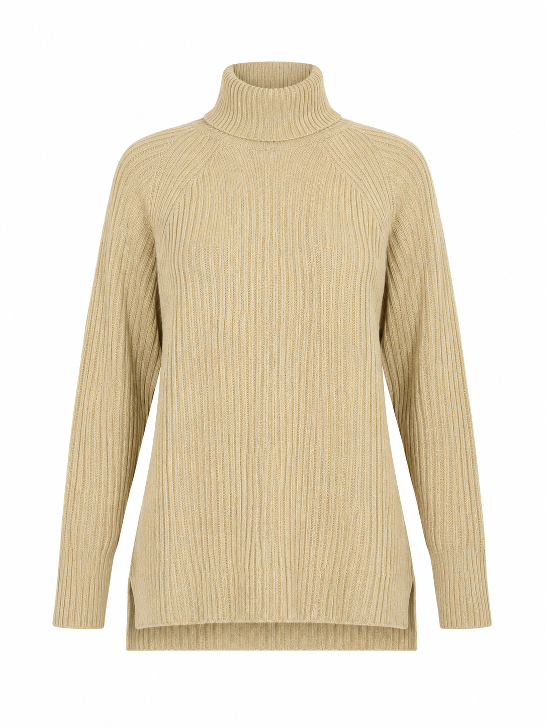 M&S ladies beige ribbed roll neck jumper in UK size L. Stylish long-sleeve knitted sweater with a cosy design, perfect for everyday and winter outfits.