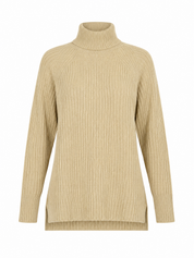 M&S ladies beige ribbed roll neck jumper in UK size L. Stylish long-sleeve knitted sweater with a cosy design, perfect for everyday and winter outfits.