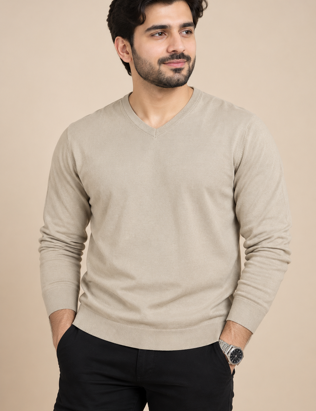  M&S Men’s Beige V-Neck Knit Jumper in UK Size L. A classic long-sleeve sweater ideal for smart-casual, office and everyday layering.