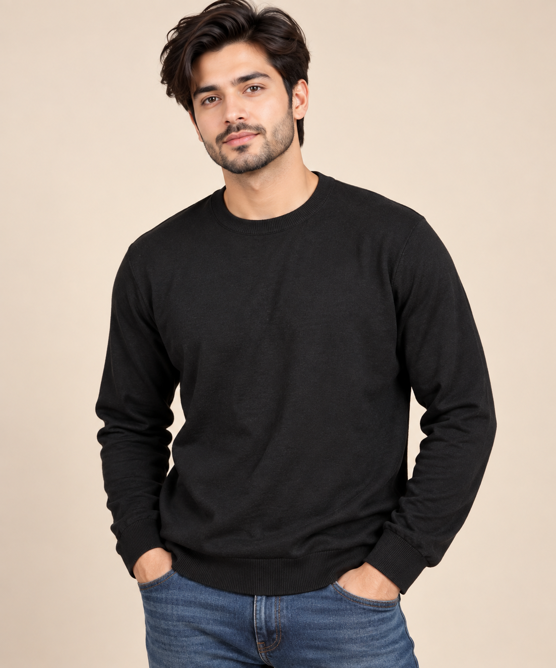M&S men’s black crew neck jumper in UK Size 2XL. A classic long-sleeve sweater with ribbed cuffs and hem, ideal for casual and everyday wear.