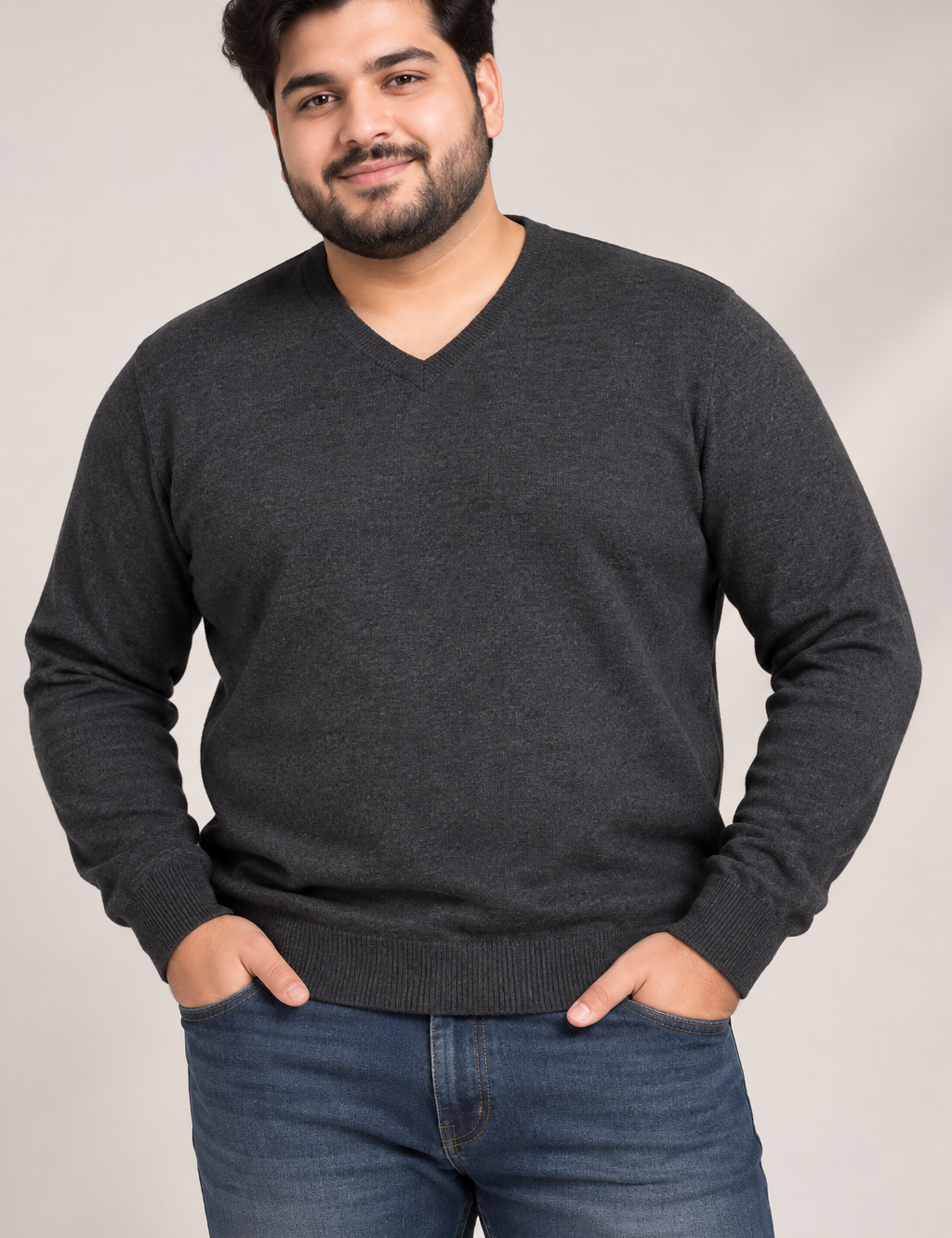 M&S men’s charcoal grey V-neck jumper in UK Size 4XL. Classic long-sleeve knit design with ribbed cuffs and hem, ideal for smart-casual and everyday wear.