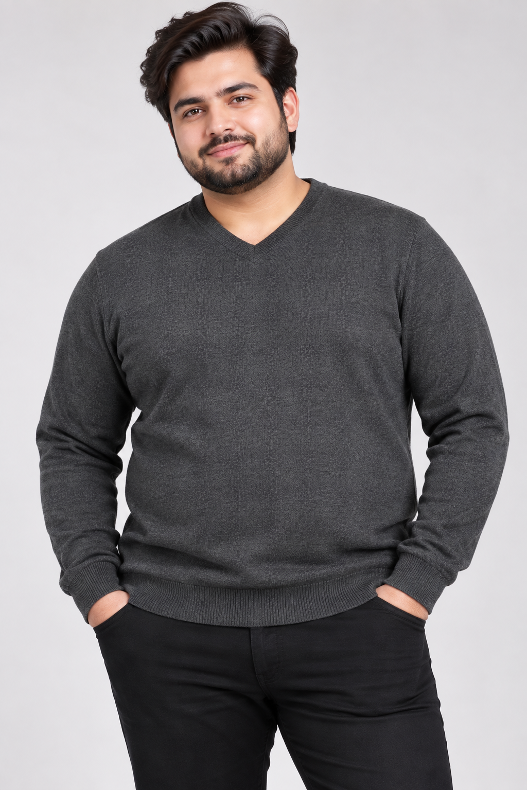 M&S men’s charcoal grey V-neck jumper in UK Size 3XL. Classic long-sleeve knitwear with ribbed trims, ideal for casual and smart-casual wear.