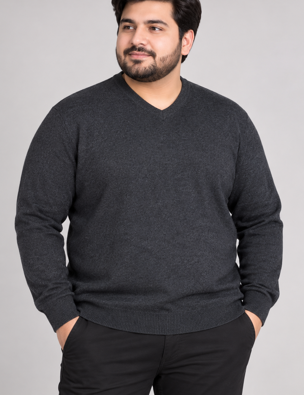 original M&S men’s charcoal V-neck knit jumper in UK Size 3XL. A comfortable plus-size sweater ideal for casual and smart winter wear.
