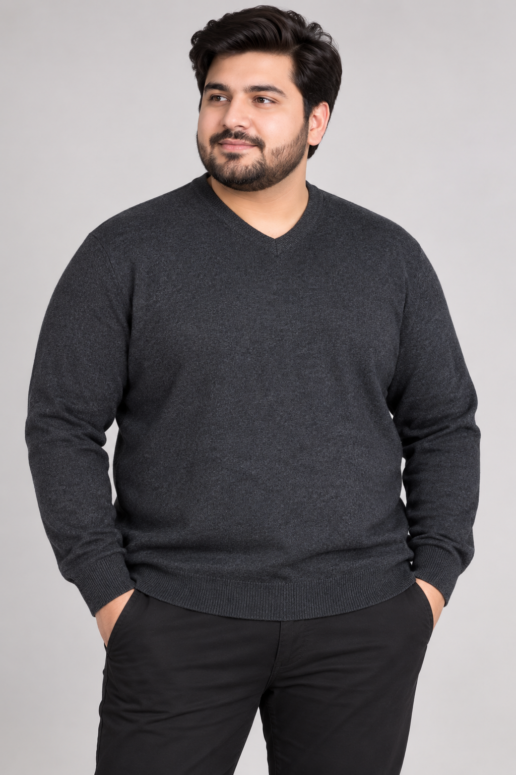 original M&S men’s charcoal V-neck knit jumper in UK Size 3XL. A comfortable plus-size sweater ideal for casual and smart winter wear.