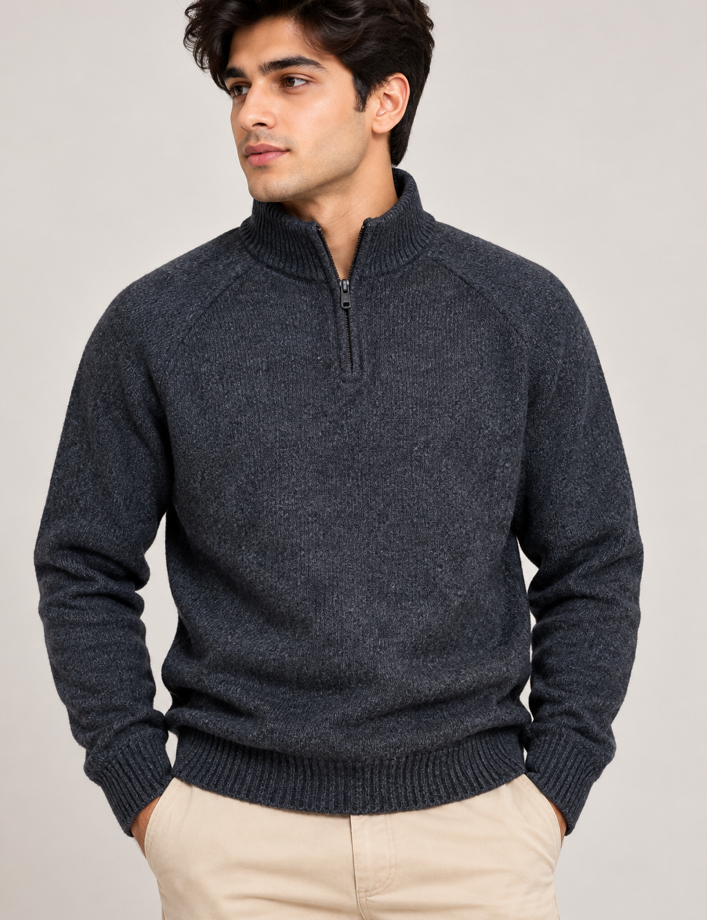 M&S men’s dark blue quarter zip knitted jumper in UK Size M. A smart and versatile long-sleeve knit for casual wear, work and layering.