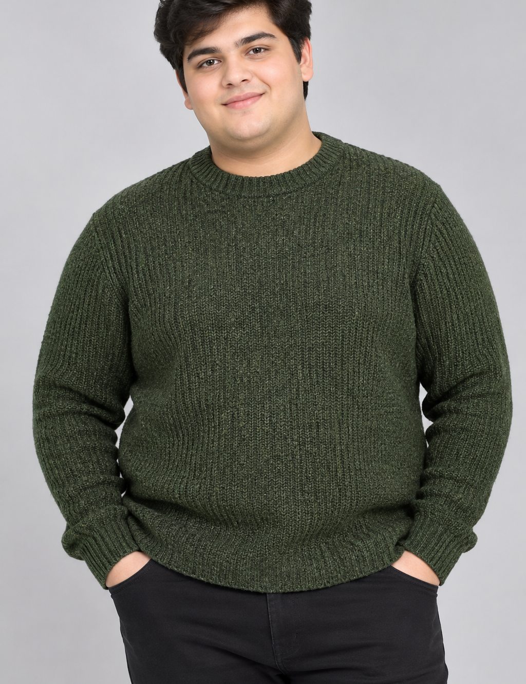  M&S Men’s Dark Olive Green Ribbed Crew Neck Jumper in UK XXL. A cosy long-sleeve knitted sweater with a classic design, perfect for casual and smart-casual winter styling.