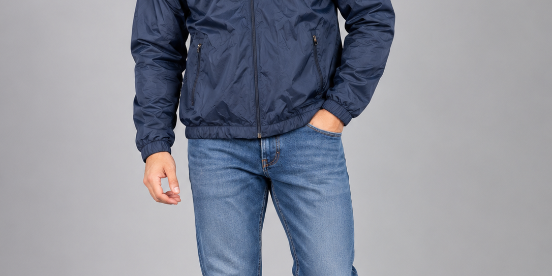 M&S men's navy blue lightweight hooded windbreaker jacket in UK size L. Full zip, hood and zipped pockets. Chest 24", length 25". Shop now!