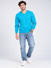 M&S men's turquoise blue V-neck knitted jumper in UK size L. Chest 21", length 25". Stylish long-sleeve sweater for casual and smart wear.