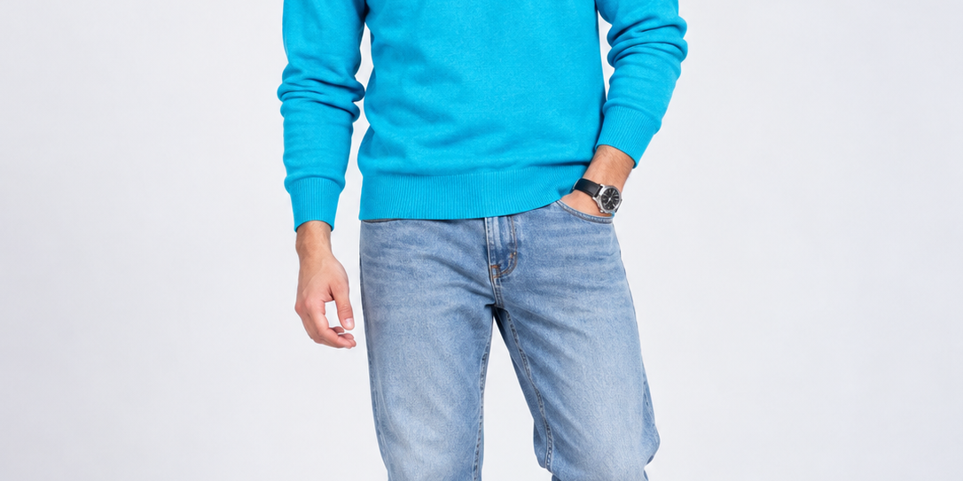 M&S men's turquoise blue V-neck knitted jumper in UK size L. Chest 21", length 25". Stylish long-sleeve sweater for casual and smart wear.