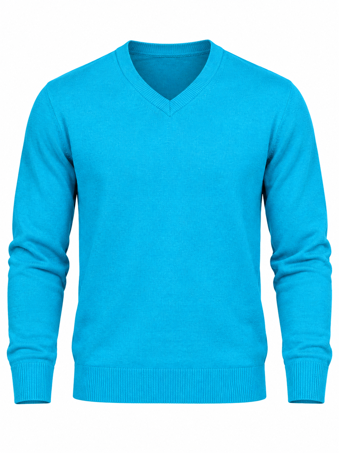 M&S men's turquoise blue V-neck knitted jumper in UK size L. Chest 21", length 25". Stylish long-sleeve sweater for casual and smart wear.