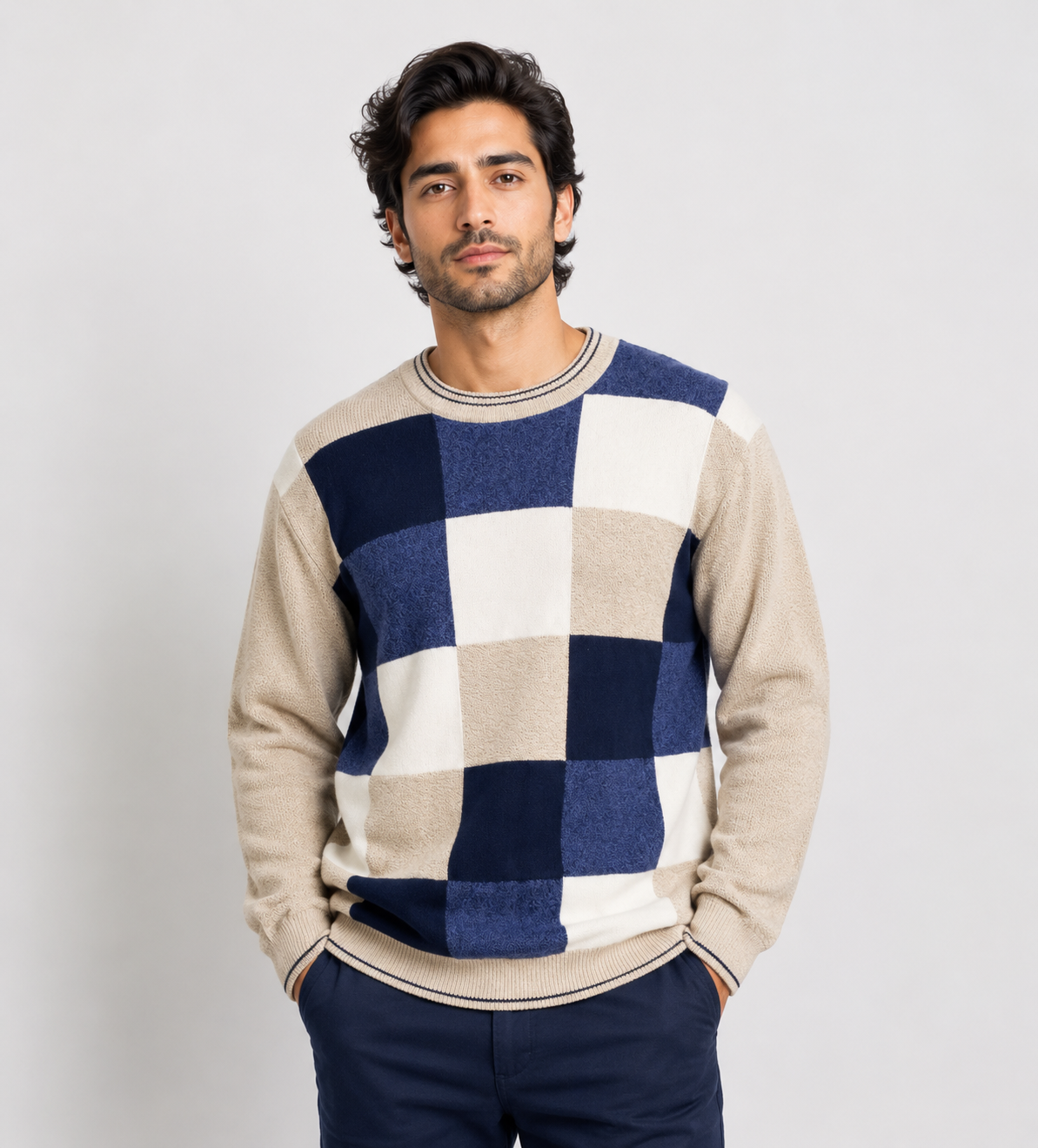  M&S men's beige and navy checkerboard knit sweater. Soft, comfortable crew neck jumper ideal for casual wear, office outfits, and winter layering.