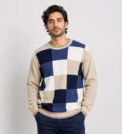  M&S men's beige and navy checkerboard knit sweater. Soft, comfortable crew neck jumper ideal for casual wear, office outfits, and winter layering.