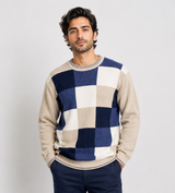 M&S Men's Beige & Navy Checkerboard Crew Neck Knit Sweater