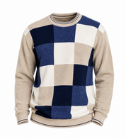  M&S men's beige and navy checkerboard knit sweater. Soft, comfortable crew neck jumper ideal for casual wear, office outfits, and winter layering.