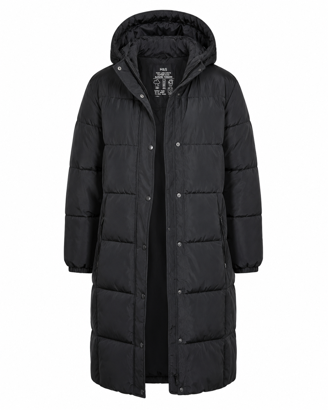 M&S Men's Black Long Hooded Puffer Jacket