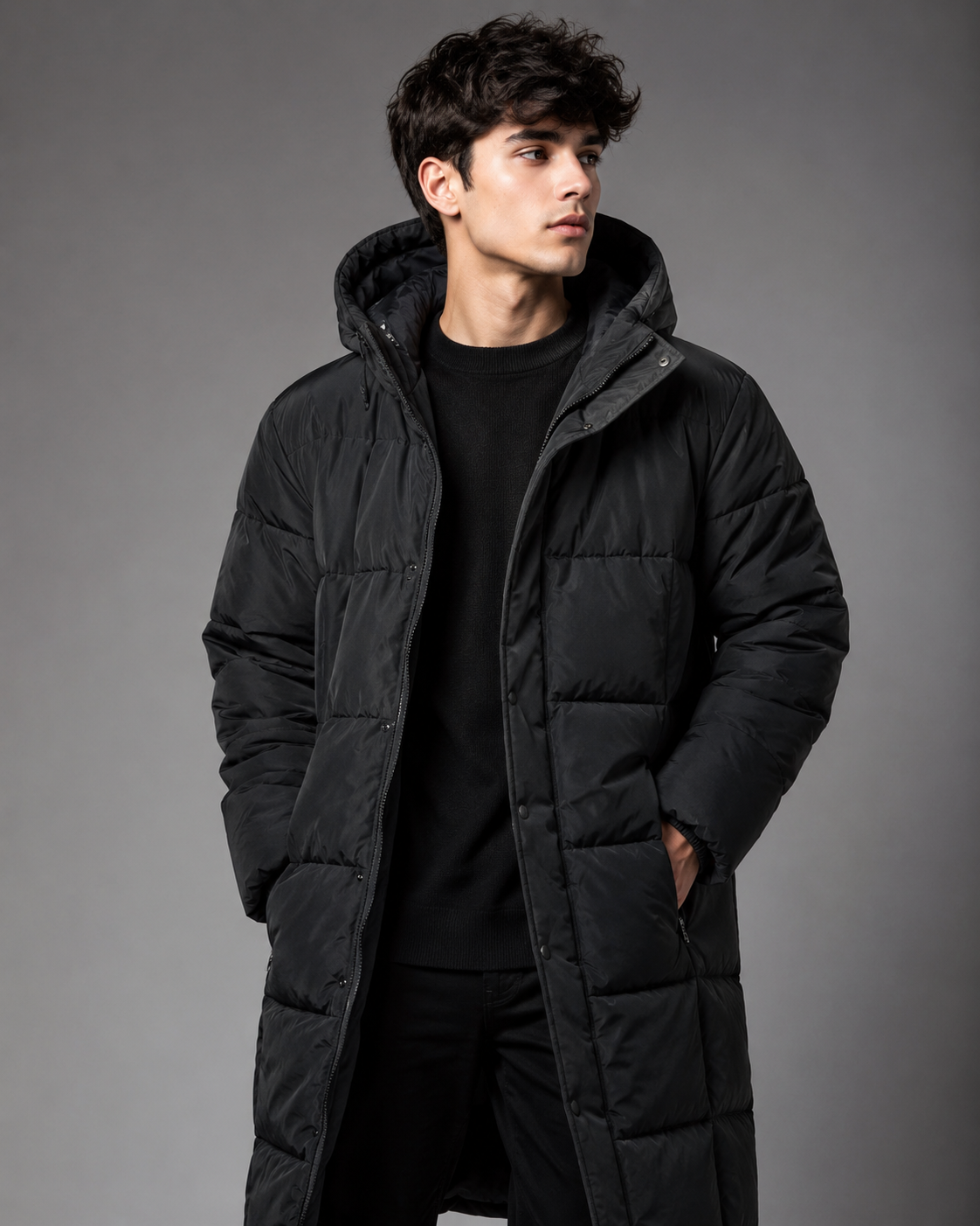 M&S Men's Black Long Hooded Puffer Jacket