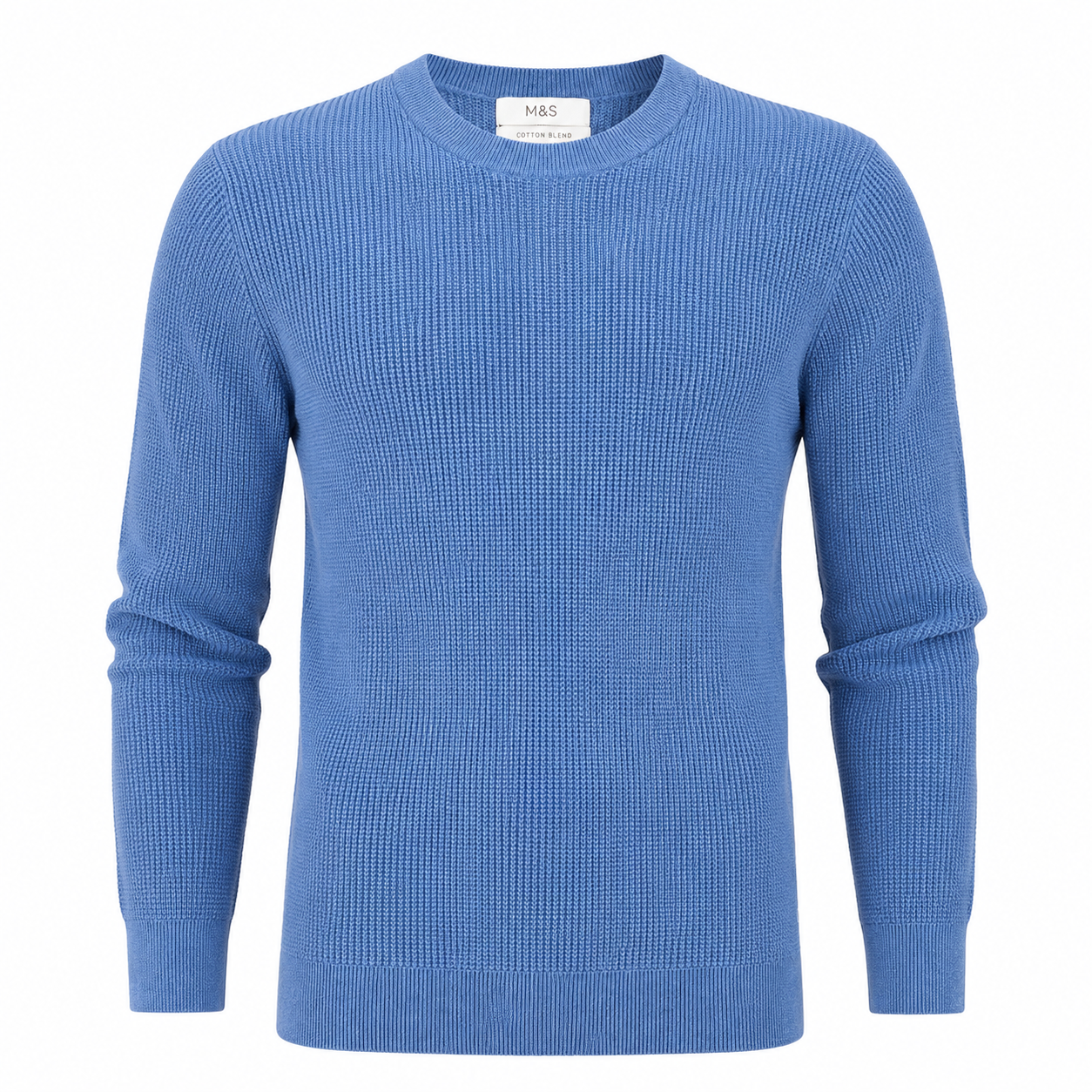 M&S Men's Blue Cotton Blend Crew Neck Sweater featuring a textured knit design, regular fit, and premium comfort. Genuine UK handpicked knitwear perfect for casual and winter wear.