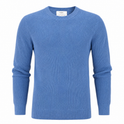 M&S Men's Blue Cotton Blend Crew Neck Sweater featuring a textured knit design, regular fit, and premium comfort. Genuine UK handpicked knitwear perfect for casual and winter wear.