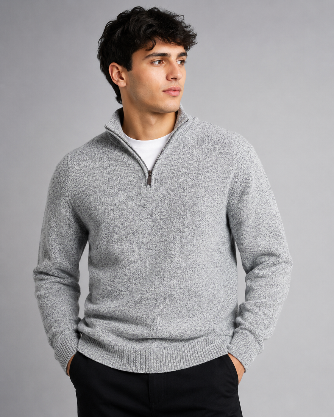  M&S Men's Grey Quarter Zip Knit Sweater featuring a soft knit fabric, quarter-zip mock neck, and classic grey marl design. Perfect for casual, office, and winter wear with premium comfort and timeless style.