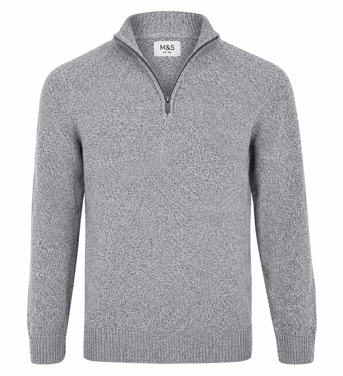  M&S Men's Grey Quarter Zip Knit Sweater featuring a soft knit fabric, quarter-zip mock neck, and classic grey marl design. Perfect for casual, office, and winter wear with premium comfort and timeless style.