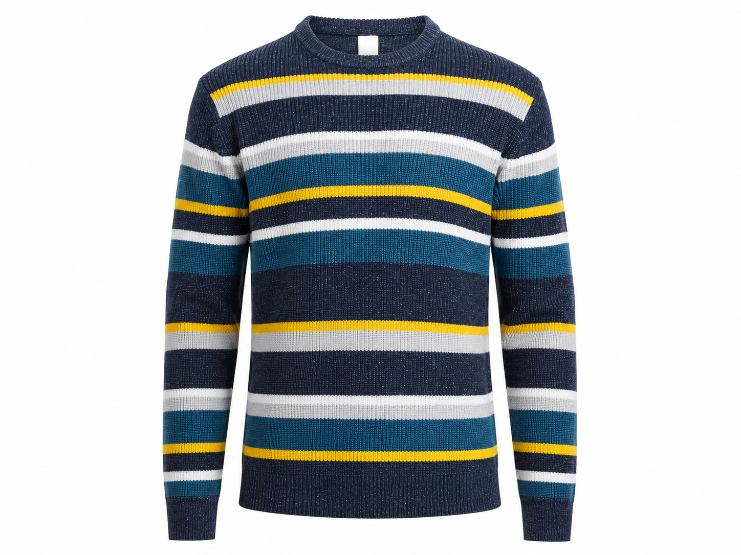  M&S men's striped knitted sweater in UK XL. Navy, teal, white and yellow design with classic crew neck and long sleeves, perfect for casual winter style.