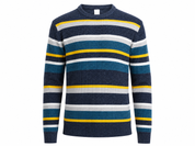  M&S men's striped knitted sweater in UK XL. Navy, teal, white and yellow design with classic crew neck and long sleeves, perfect for casual winter style.