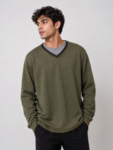 M&S Olive Green V-Neck Long Sleeve Sweater Mens