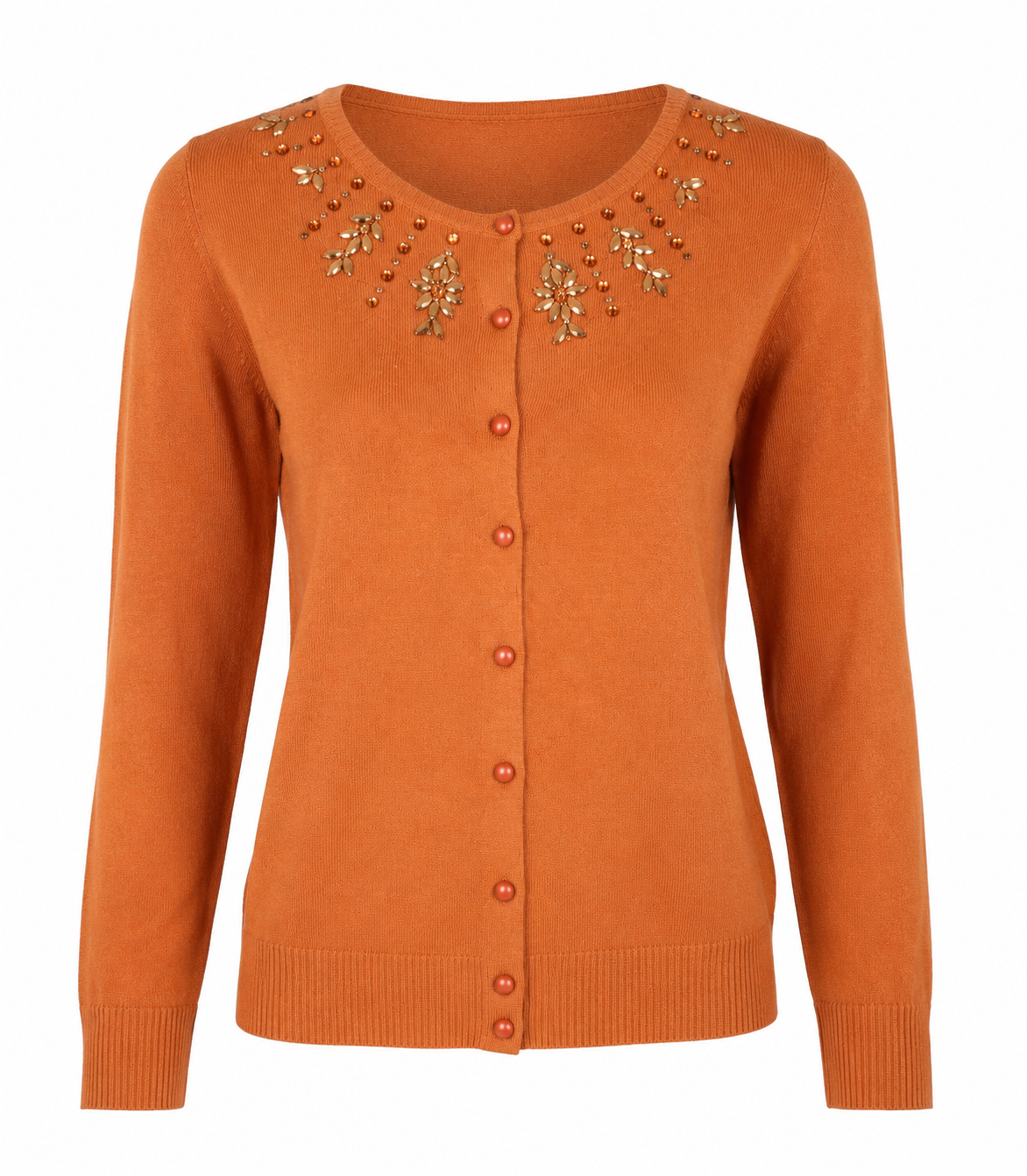 M&S orange embellished cardigan in UK Size 16, featuring floral beadwork, button fastening, long sleeves and ribbed trims. Perfect for formal and smart-casual outfits.