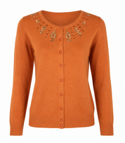 M&S orange embellished cardigan in UK Size 16, featuring floral beadwork, button fastening, long sleeves and ribbed trims. Perfect for formal and smart-casual outfits.