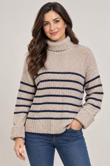 M&S Women Beige & Navy Striped Chunky Knit Turtleneck Sweater