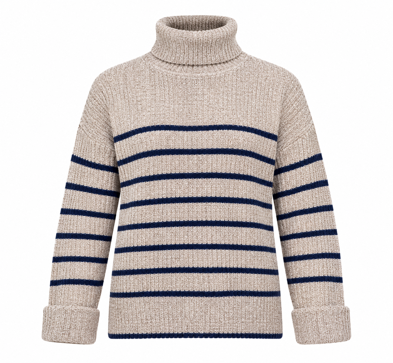  M&S women’s beige and navy striped chunky knit turtleneck sweater, UK XS. Cosy ribbed design with long sleeves, perfect for casual autumn and winter styling.