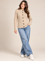 M&S Women Beige Ribbed Knit Button-Up Cardigan
