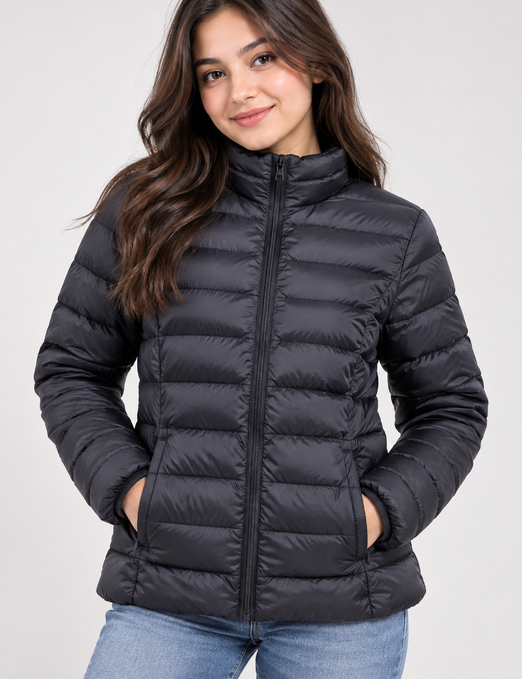  M&S women’s black puffer jacket in UK Size XS. A lightweight quilted winter jacket with full zip and high collar for stylish everyday wear.