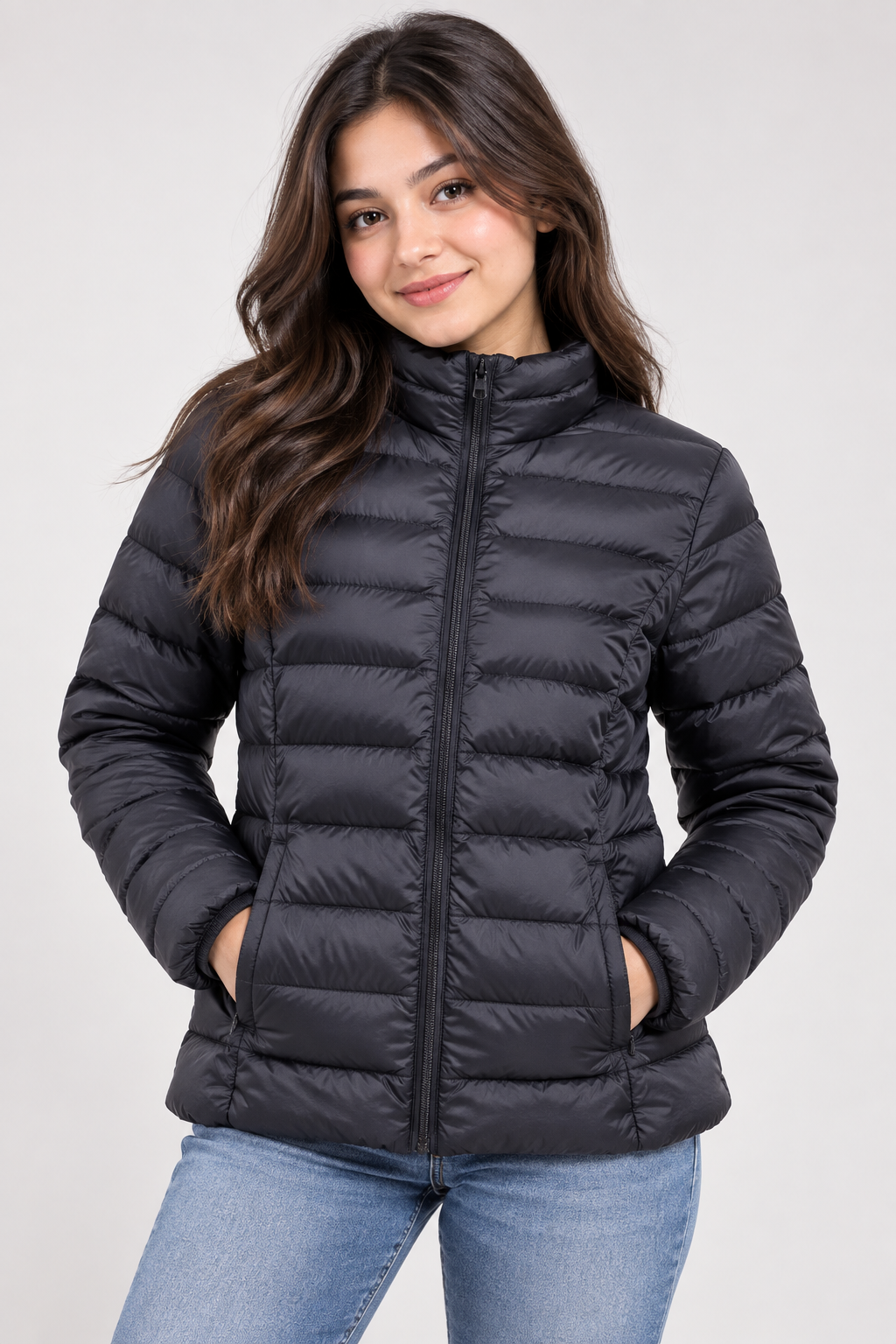  M&S women’s black puffer jacket in UK Size XS. A lightweight quilted winter jacket with full zip and high collar for stylish everyday wear.
