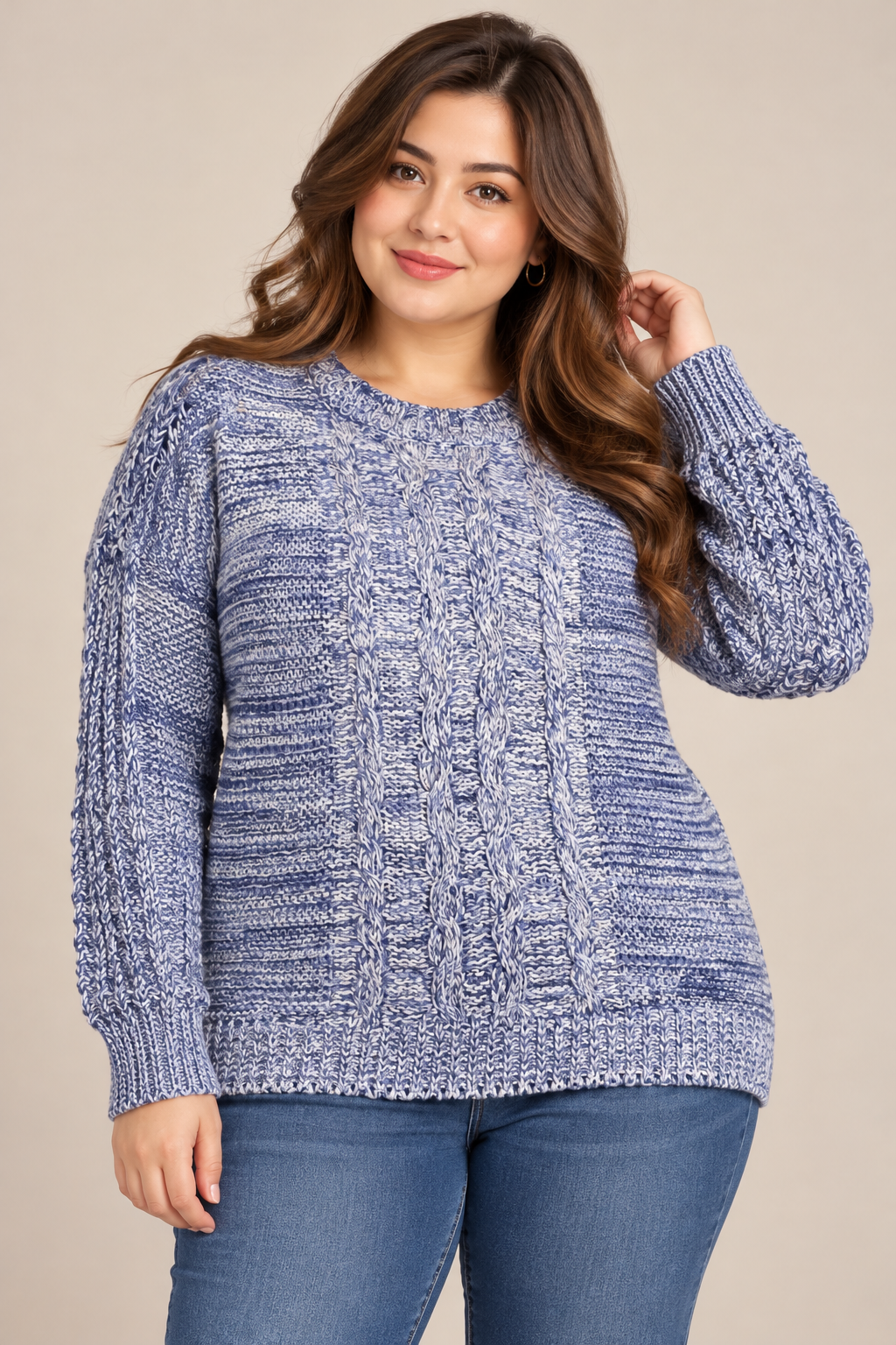  M&S Women's Blue & White Cable Knit Sweater in UK Size XL. Cozy chunky winter pullover with textured sleeves and stylish cable-knit detailing.