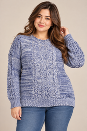  M&S Women's Blue & White Cable Knit Sweater in UK Size XL. Cozy chunky winter pullover with textured sleeves and stylish cable-knit detailing.