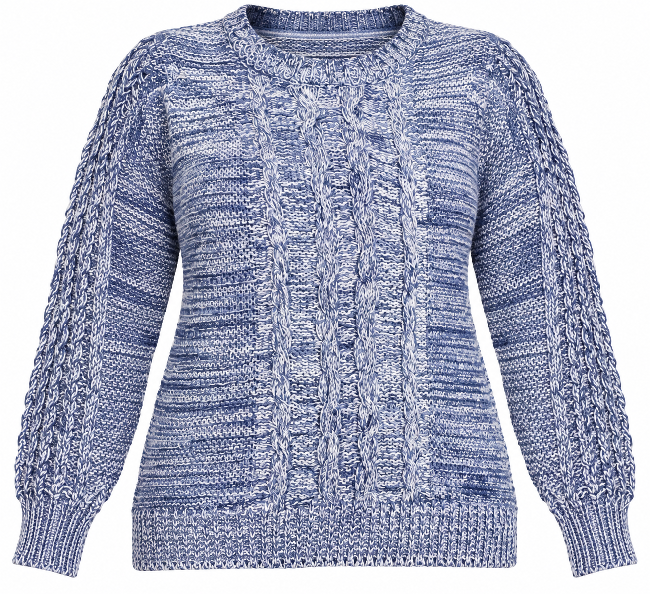  M&S Women's Blue & White Cable Knit Sweater in UK Size XL. Cozy chunky winter pullover with textured sleeves and stylish cable-knit detailing.