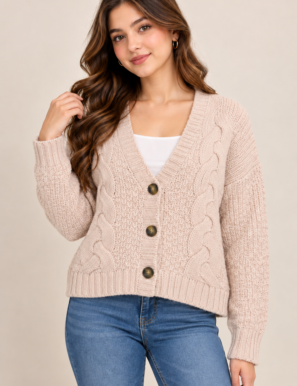 M&S women’s cable knit cardigan in soft beige, UK Size S. Classic V-neck, 3-button front and cosy long sleeves for stylish everyday layering.