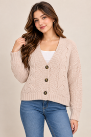 M&S women’s cable knit cardigan in soft beige, UK Size S. Classic V-neck, 3-button front and cosy long sleeves for stylish everyday layering.