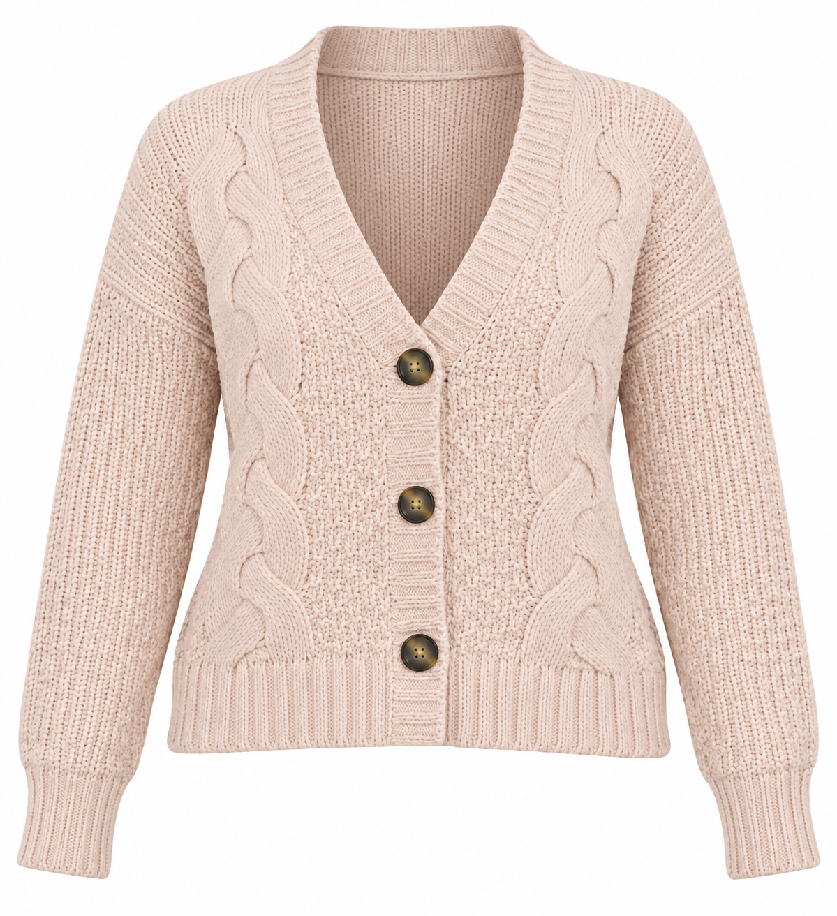M&S women’s cable knit cardigan in soft beige, UK Size S. Classic V-neck, 3-button front and cosy long sleeves for stylish everyday layering.