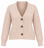 M&S women’s cable knit cardigan in soft beige, UK Size S. Classic V-neck, 3-button front and cosy long sleeves for stylish everyday layering.